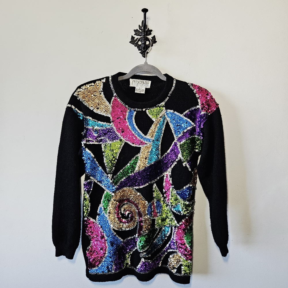 Vintage 80's Principles Sequin Wool Sweater Size S Embellished Multicolor - Picture 2 of 4